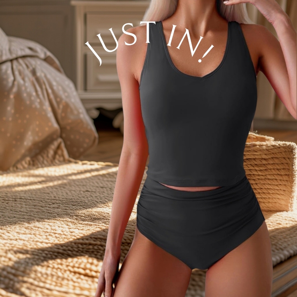 EoMENIE Black Two-Piece Tankini Swimsuit Tummy Control High Waist Bottom XL NWT